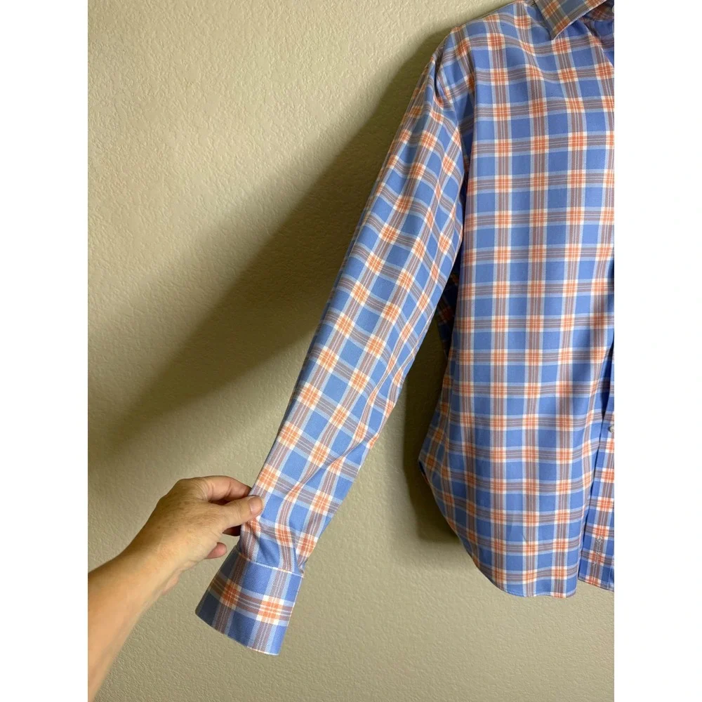 Jos. A. Bank Men L Button Down Shirt Blue Orange Plaid Wrinkle Free Tailored Fit